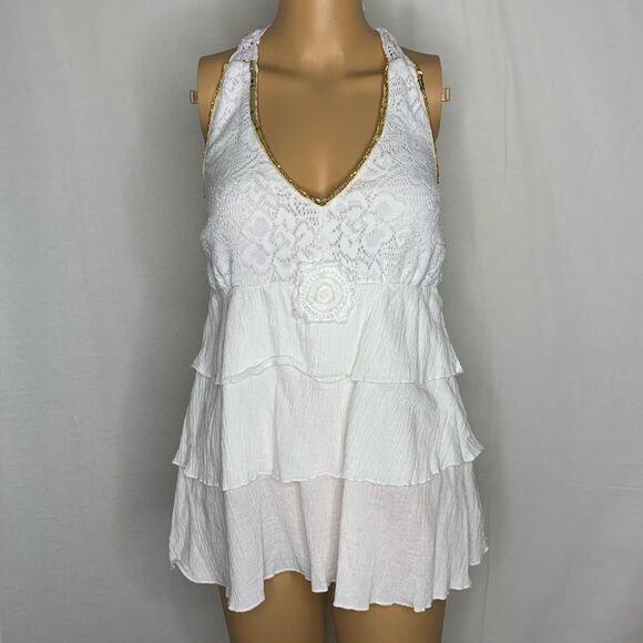 NAF NAF Halter Tiered Top Floral Crochet Sequins Layered Ruffle White Gold Tank - Picture 1 of 5
